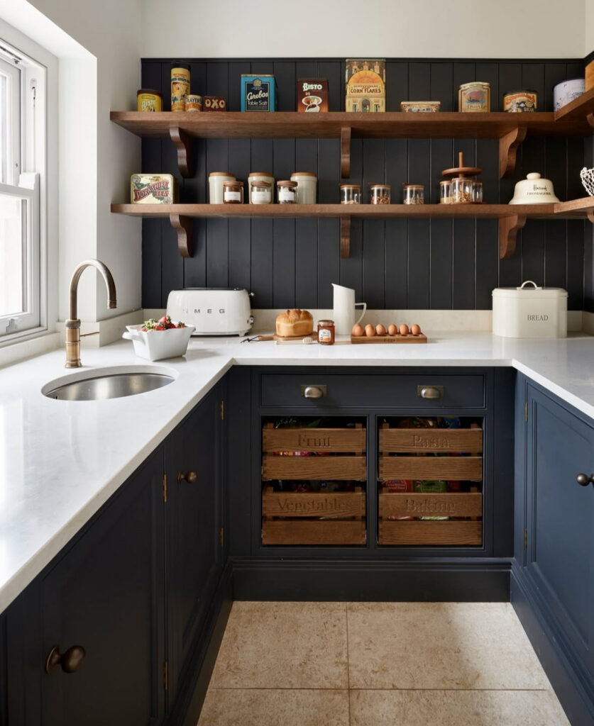 navy cabinetry with white counters and wooden labeled crates forms a traditional larder style kitchen pantry