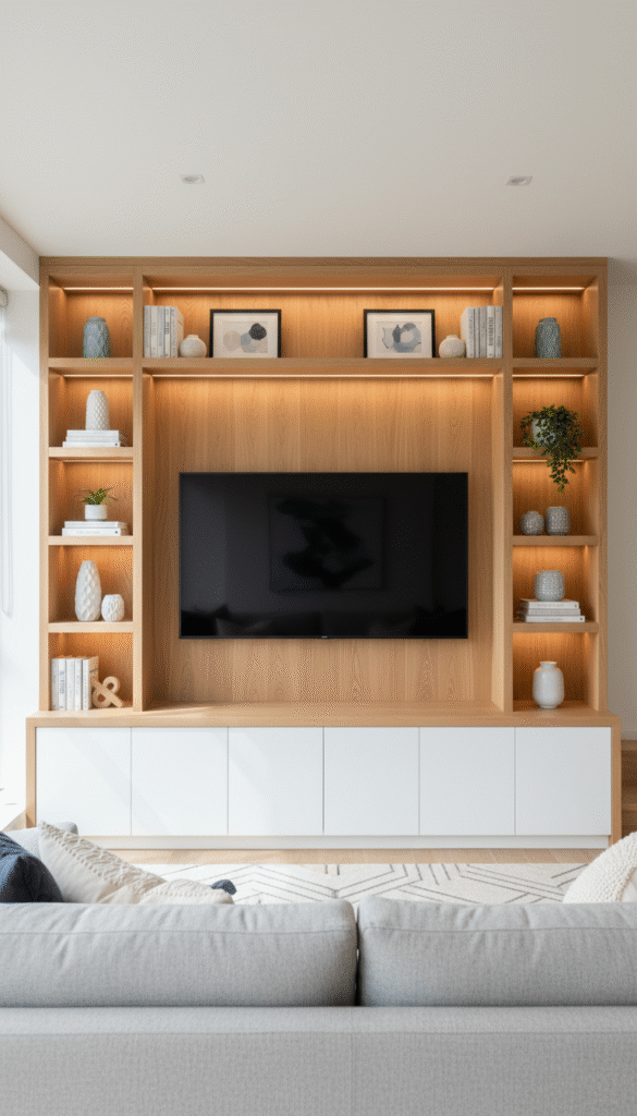 Full oak built-in with illuminated cubbies and white base cabinets wrapping around the television, custom living room tv wall ideas for open-plan spaces.