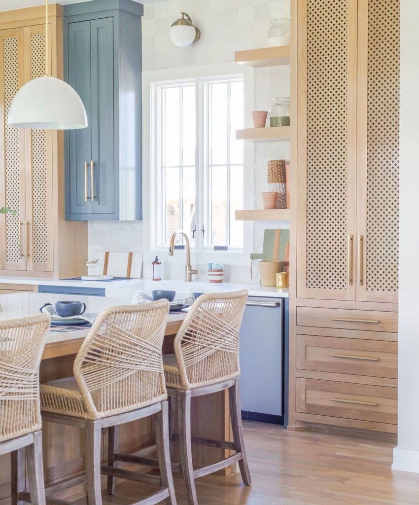 light wood cabinets woven barstools soft blue accents relaxed coastal kitchen ideas for lake house