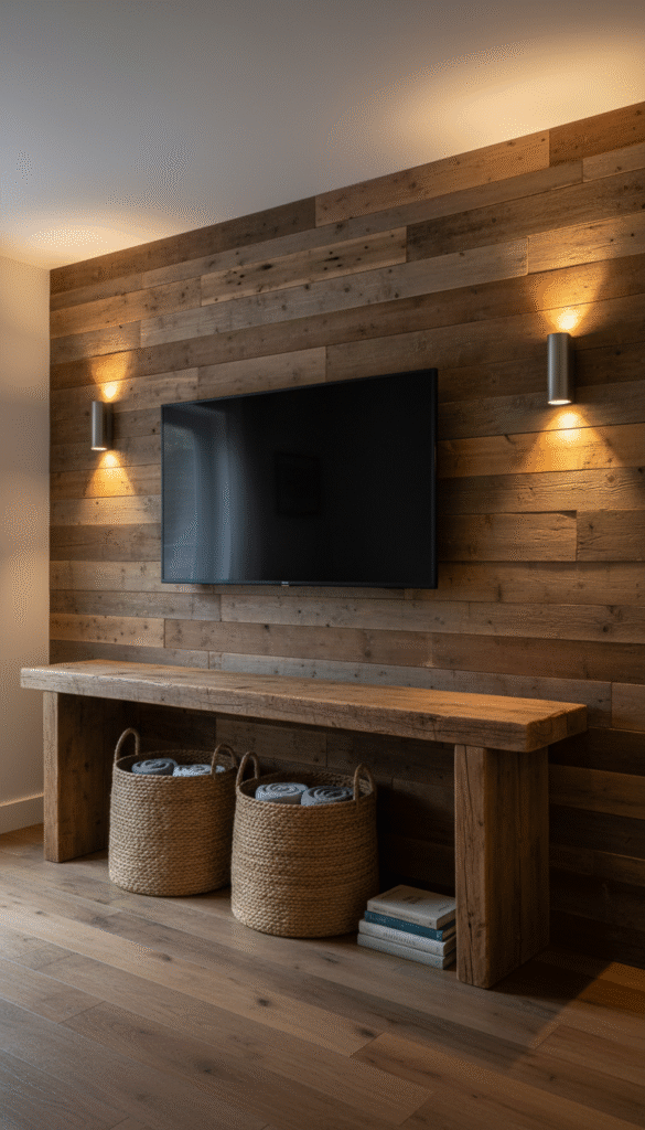 Reclaimed wood plank feature wall, chunky console table, and woven baskets beneath the screen show rustic living room accent wall ideas with tv for cabin-style rooms.