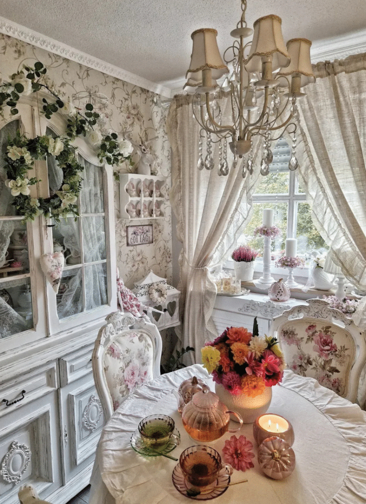 Floral dining nook with china cabinet, wreaths, and heart accents as layered shabby chic wall decor.