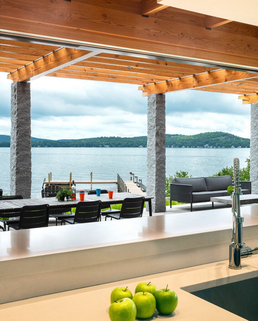 minimal counters huge opening to deck water view inspiring lake house kitchen ideas