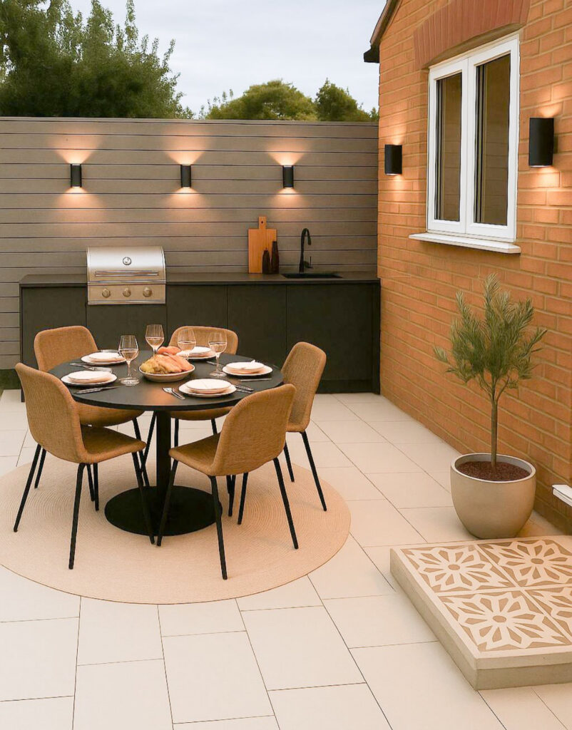 Compact courtyard with built-in grill, slim cabinets, and round dining table showing a stylish small outdoor kitchen
