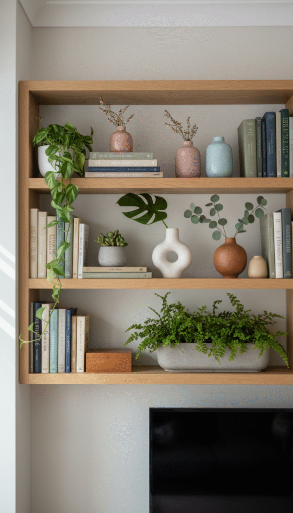 Close-up of oak shelves styled with books, ceramics, and plants above the television, soft tv wall decoration ideas for living room corners.