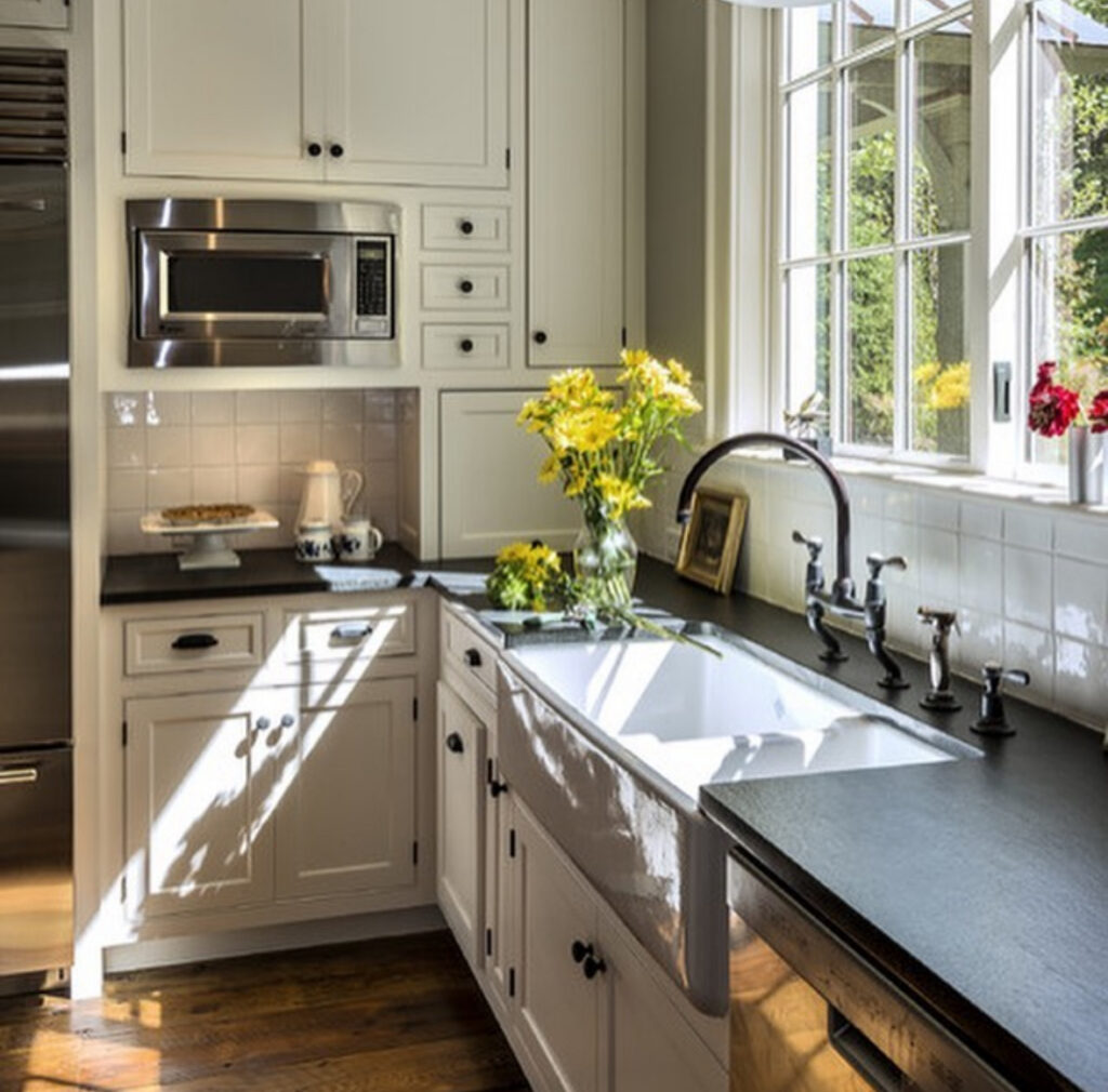 apron front sink black counters bright flowers charming kitchen ideas for lake house corner layout