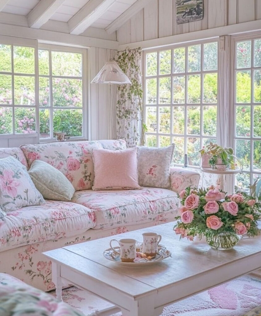 Sunroom with floral sofa, pastel pillows, and rose bouquet inspiring light-filled shabby chic decor ideas.