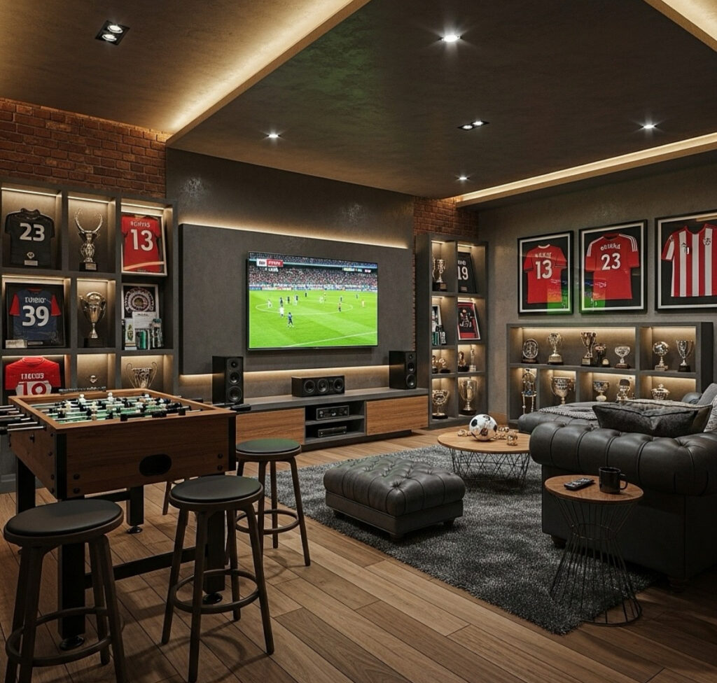 Framed jerseys, lit trophy shelves, and a foosball table form bold sports man cave ideas for superfans.