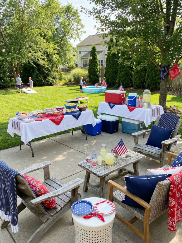 Backyard fourth of july outdoor decorations with festive yard decor, red white blue table setups, party supplies, patriotic seating, and family-friendly independence day celebration.