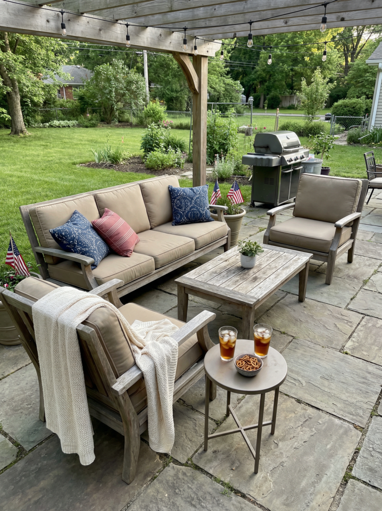 Patio seating with decorative pillows in red white blue, cozy outdoor decorations, and a simple setup that feels festive without being cluttered.