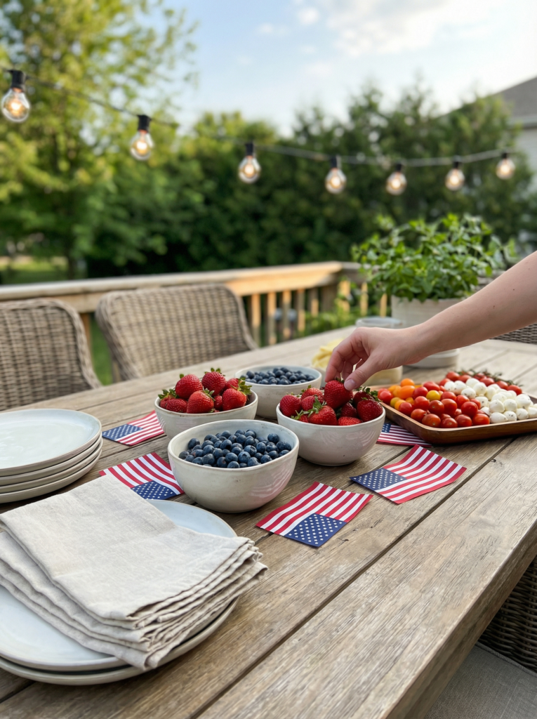 Food table decor with strawberries, blueberries, small flags, and easy party supplies for 4th of july decorations on an outdoor table.