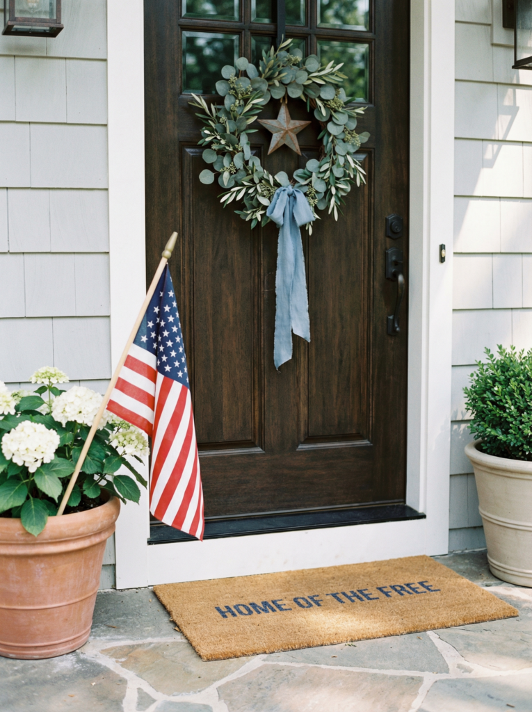 Front door display with patriotic decor, a small American flag, greenery wreath, and an independence day doormat that feels calm but festive.
