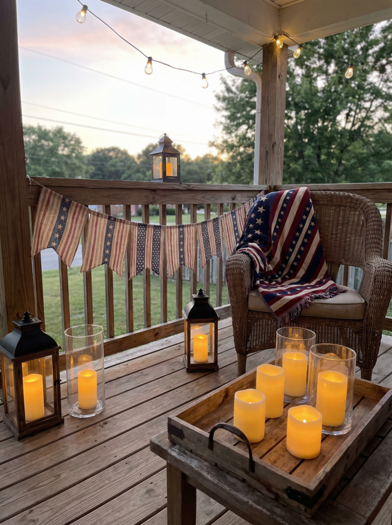 Outdoor-safe lighting ideas with string lights, lanterns, candles, and banners for porch railing to bring in patriotic holiday spirit at dusk.