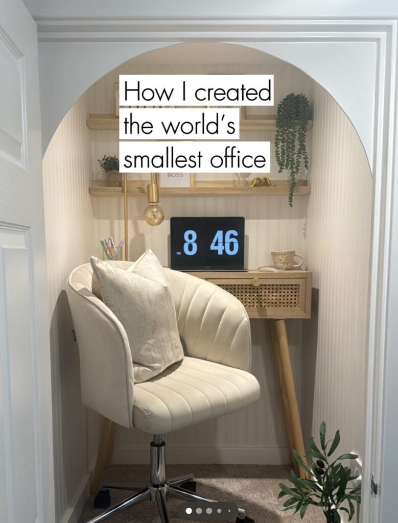 Tiny arched office with beadboard, floating shelves, and a cane-front desk, home office storage that stays pretty.