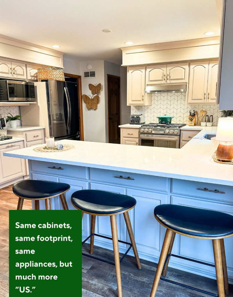 Updated kitchen with freshly painted cabinets, pale countertops and a herringbone subway tile backsplash behind the range by @averagebutinspired.
