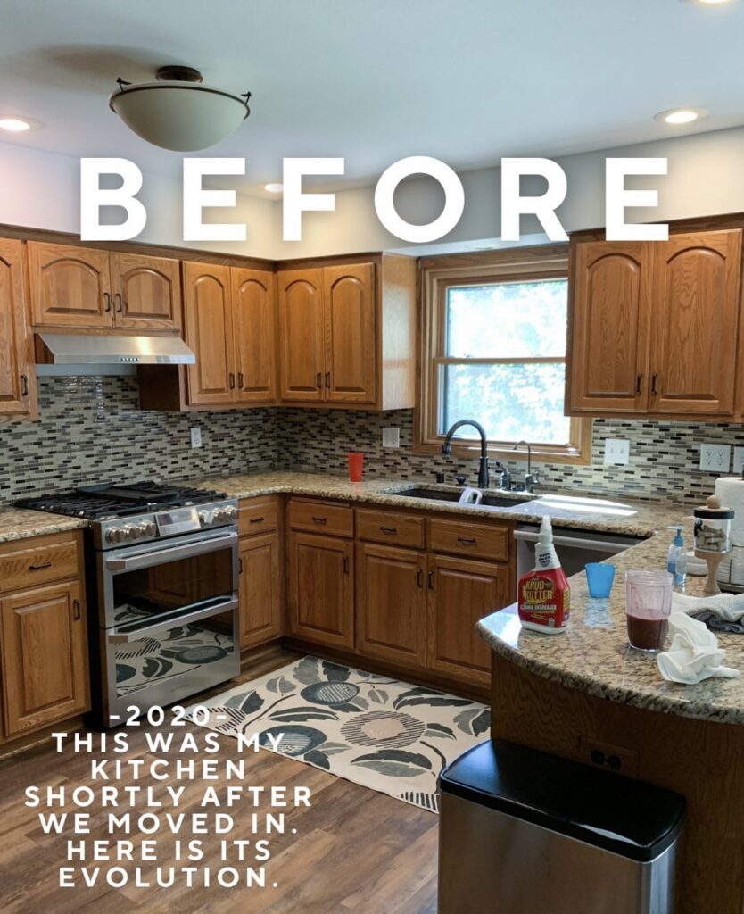 Builder-grade kitchen with honey oak cabinets, dark counters and a busy backsplash before the makeover by @averagebutinspired.