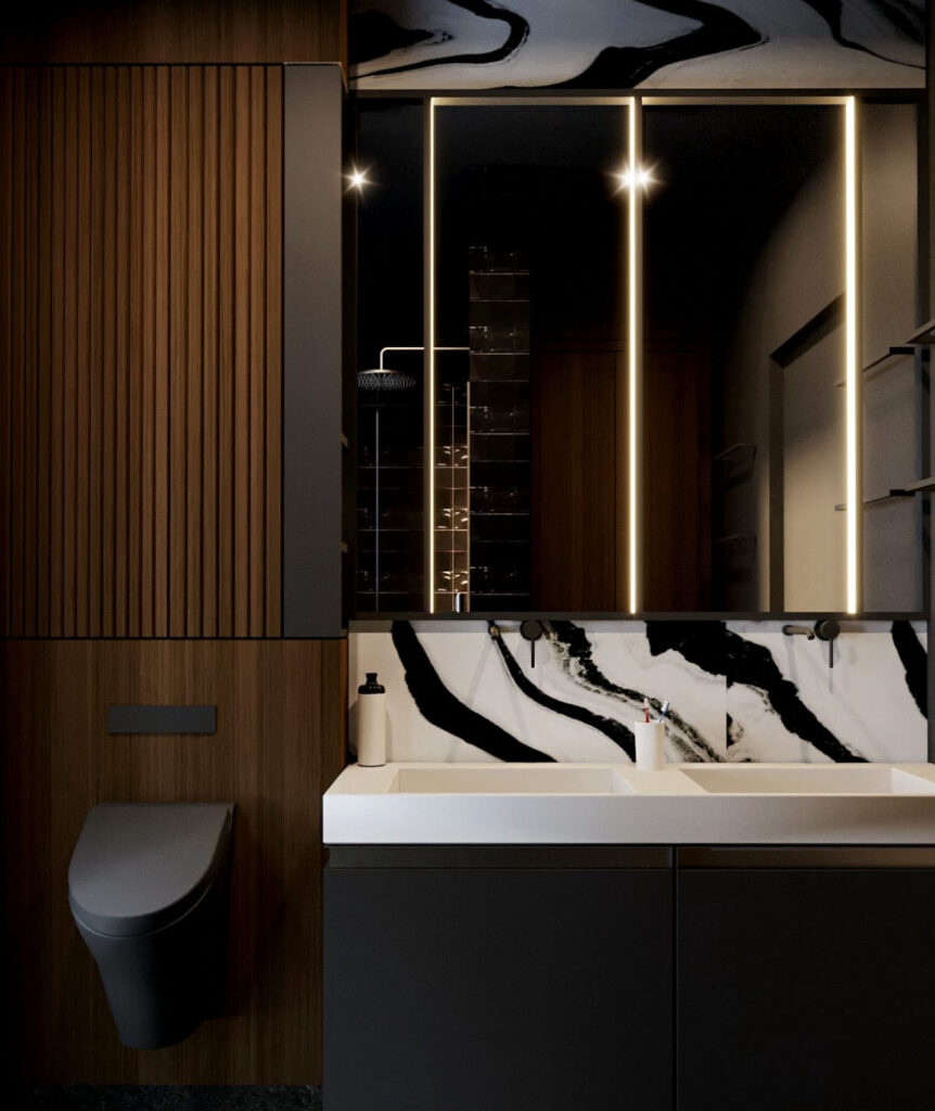 Bathroom with slatted wood walls and bold marble patterns representing a black and white bathroom.
