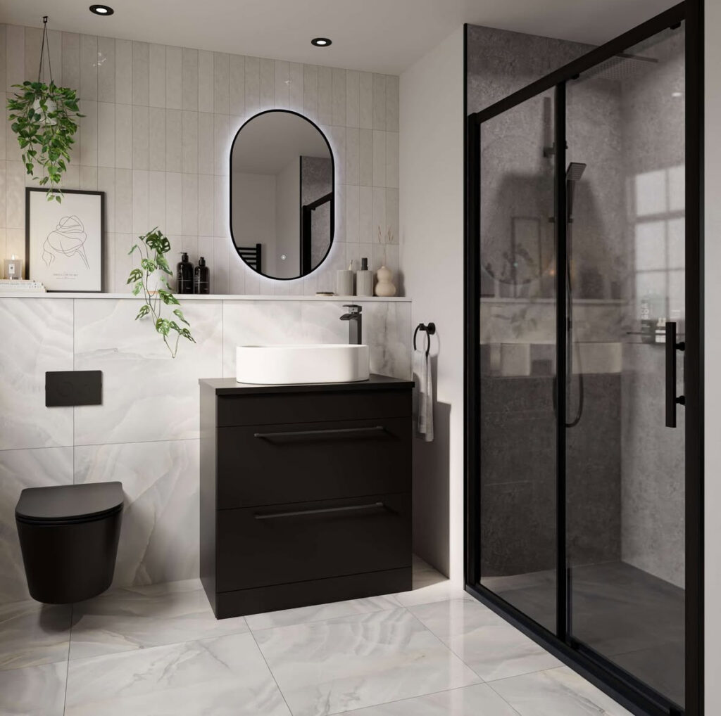 Bright marble-effect bathroom with black vanity and shower frame showing black bathroom decor ideas.