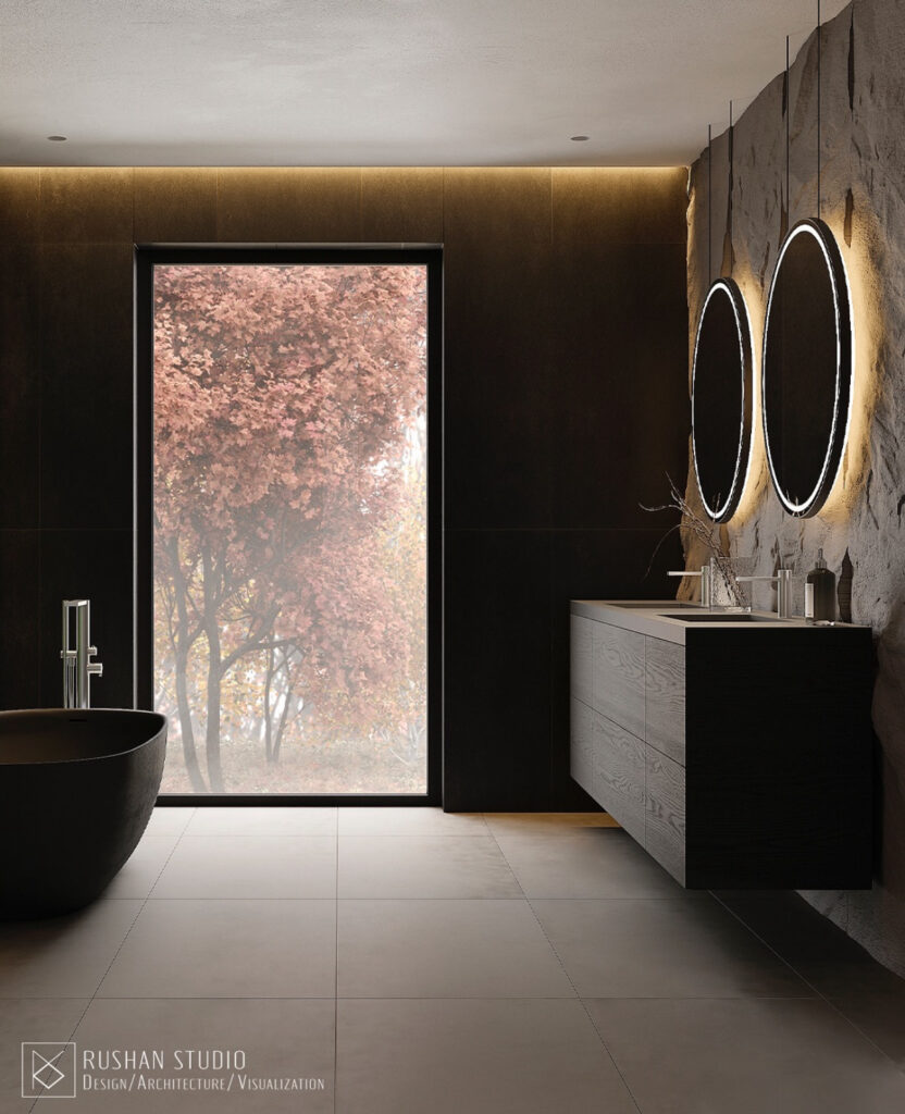 Minimal black tub and wood vanity overlooking a window garden expressing black bathroom elegance.