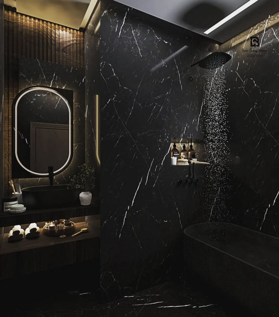 Dramatic black marble shower with glowing niches radiating black bathroom elegance.