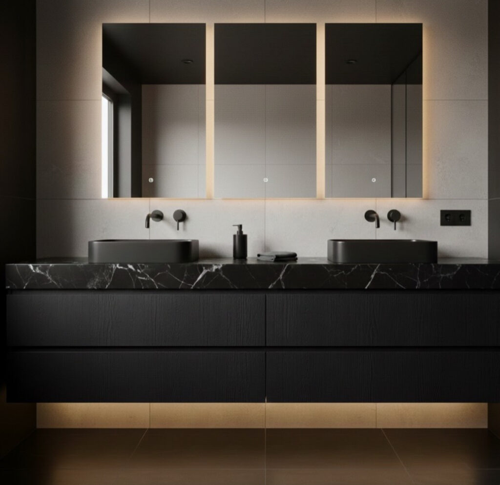 Dual matte basins and marble vanity showcasing stylish black bathroom fixtures.