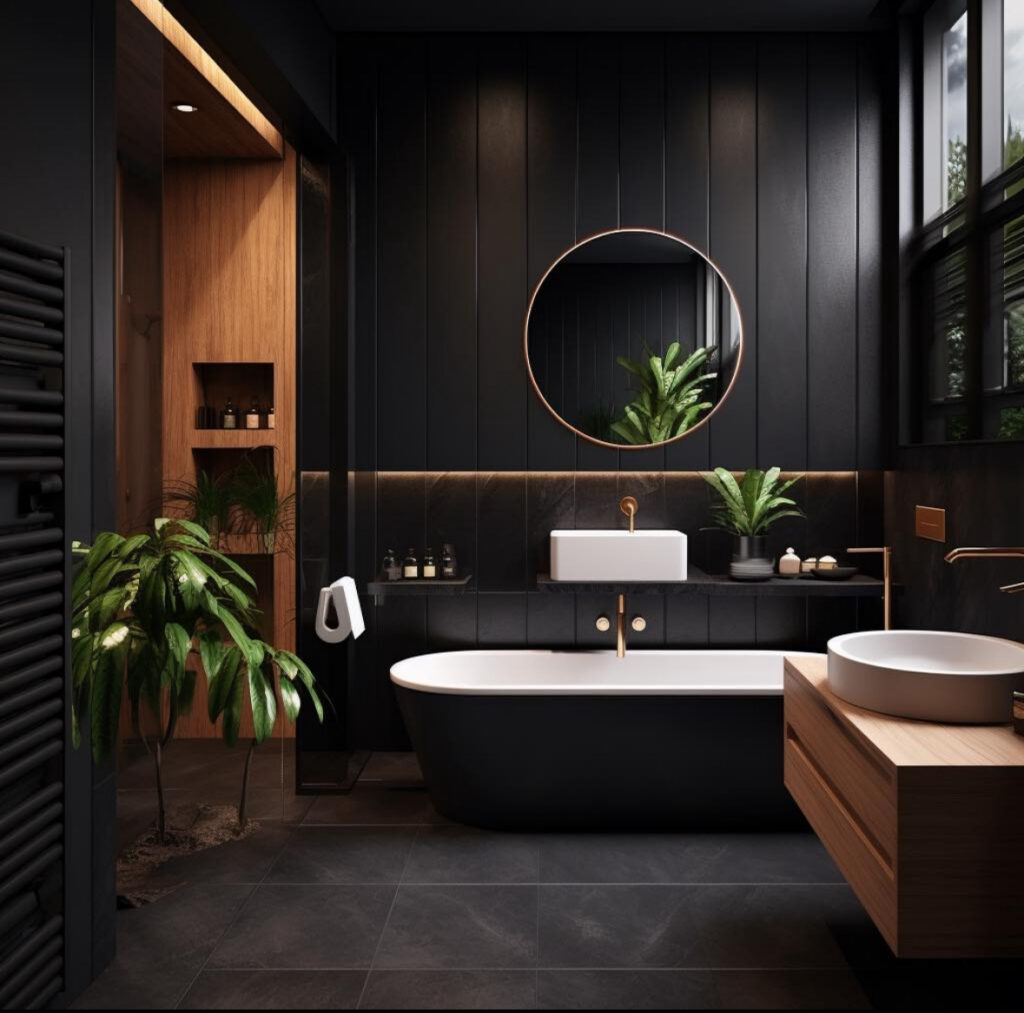Black tub, paneling, and lush green plants blending into a black bathroom plants retreat.