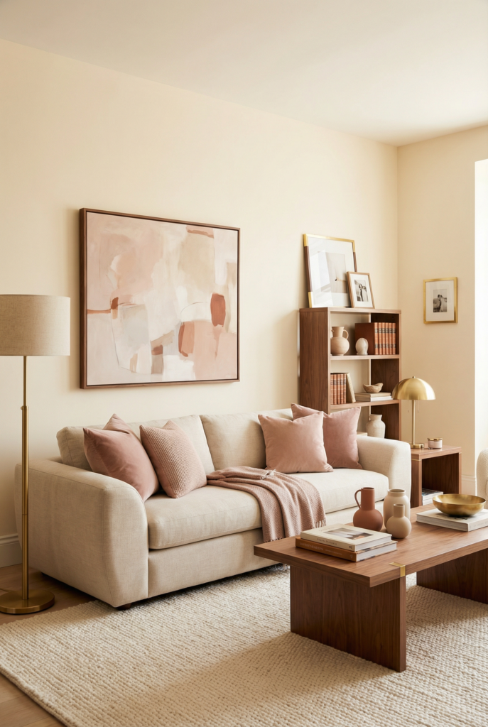 What colors are used in boho decor shown through a warm leather sofa, earthy neutral rug, natural wood furniture, soft textiles, and relaxed boho living room styling.