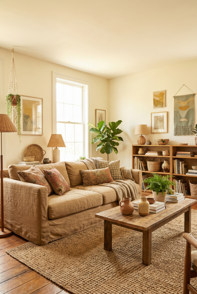 Light-filled boho living room featuring a boho color palette of warm neutrals, earthy tones, natural wood furniture, layered textures, and nature-inspired colors.