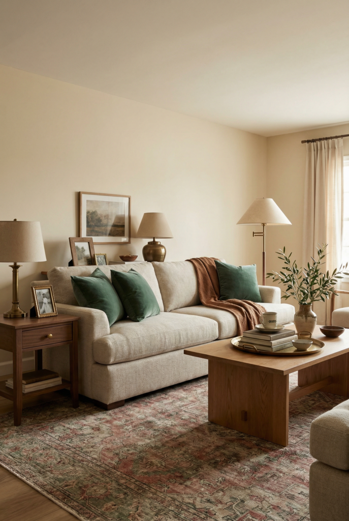 Boho living room with warm neutral sofa, earthy green pillows, brass lighting, vintage rug, and layered textures creating a cozy, lived-in feel.
