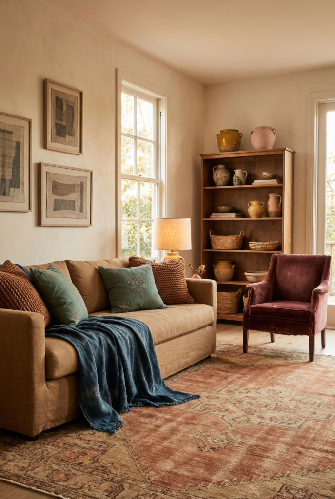 Cozy boho living room with warm neutral sofa, earthy colors, muted teal throw, terracotta and rust rug, and layered textures creating relaxed boho vibes.
