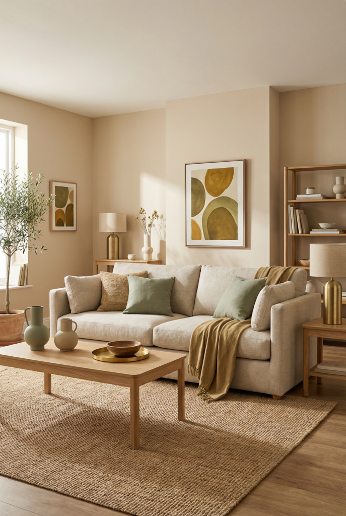 Boho living room styled with warm neutrals, earthy colors, olive and mustard accents, natural wood furniture, and cozy layered textures.