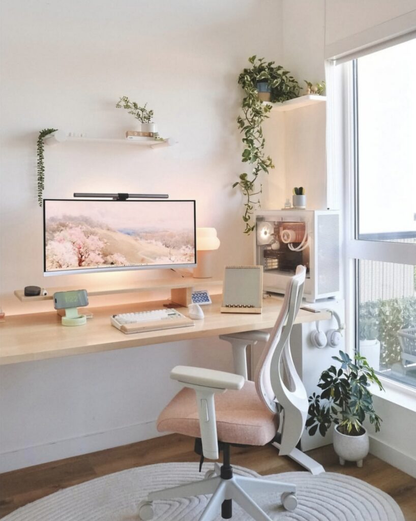 Bright Scandinavian style home office with long light wood desk, blush swivel chair, ultrawide monitor and trailing plants beside a large window.