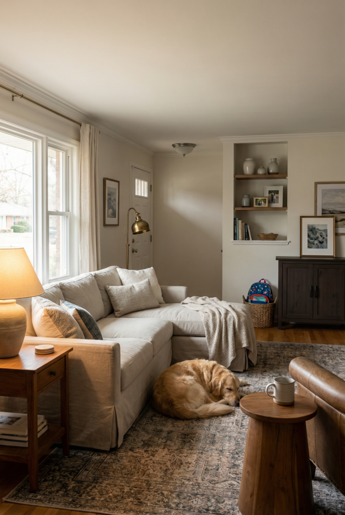 California casual decor living room with relaxed seating, soft textiles, natural light, and style preferences that reflect real home style exploration