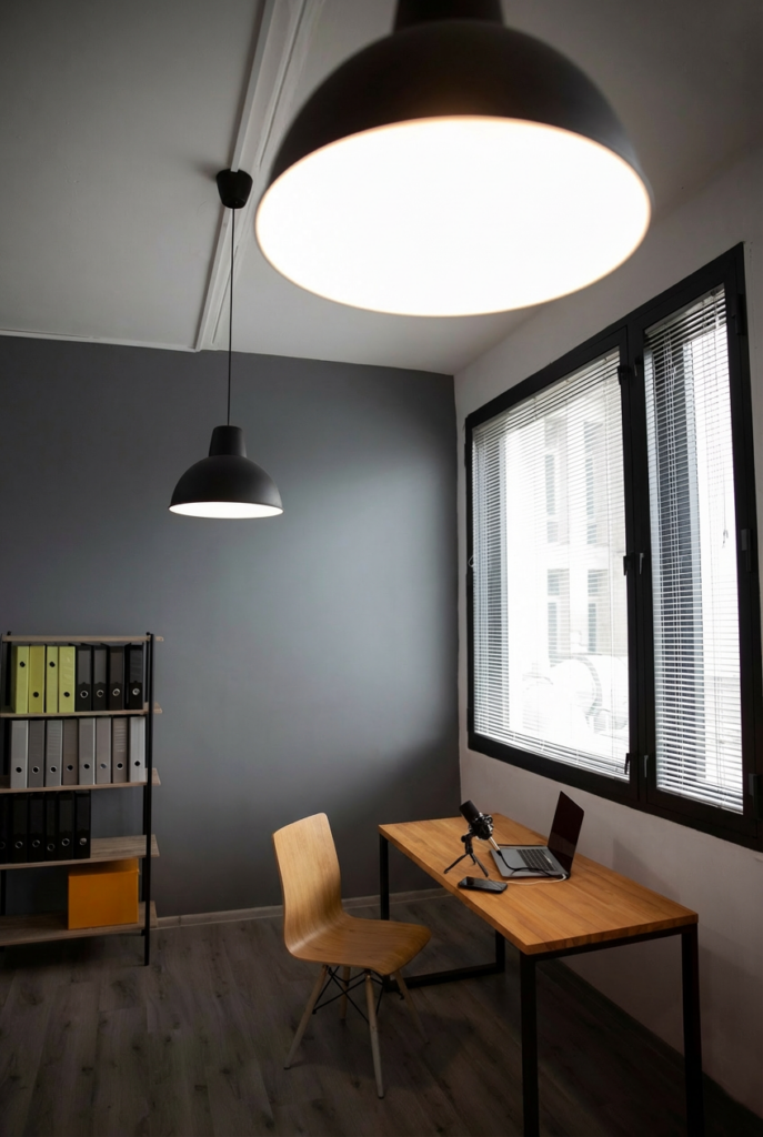 Natural light office setup with a wood desk, simple chair, pendant light, and minimal clutter design beside large windows