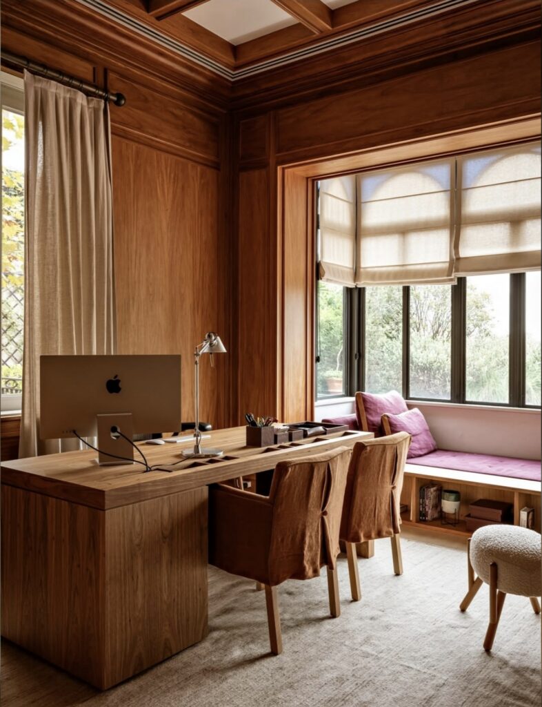 Cozy wood home office with floor to ceiling paneling, long desk facing a window seat, mauve cushions, two rust fabric chairs and soft roman shades.