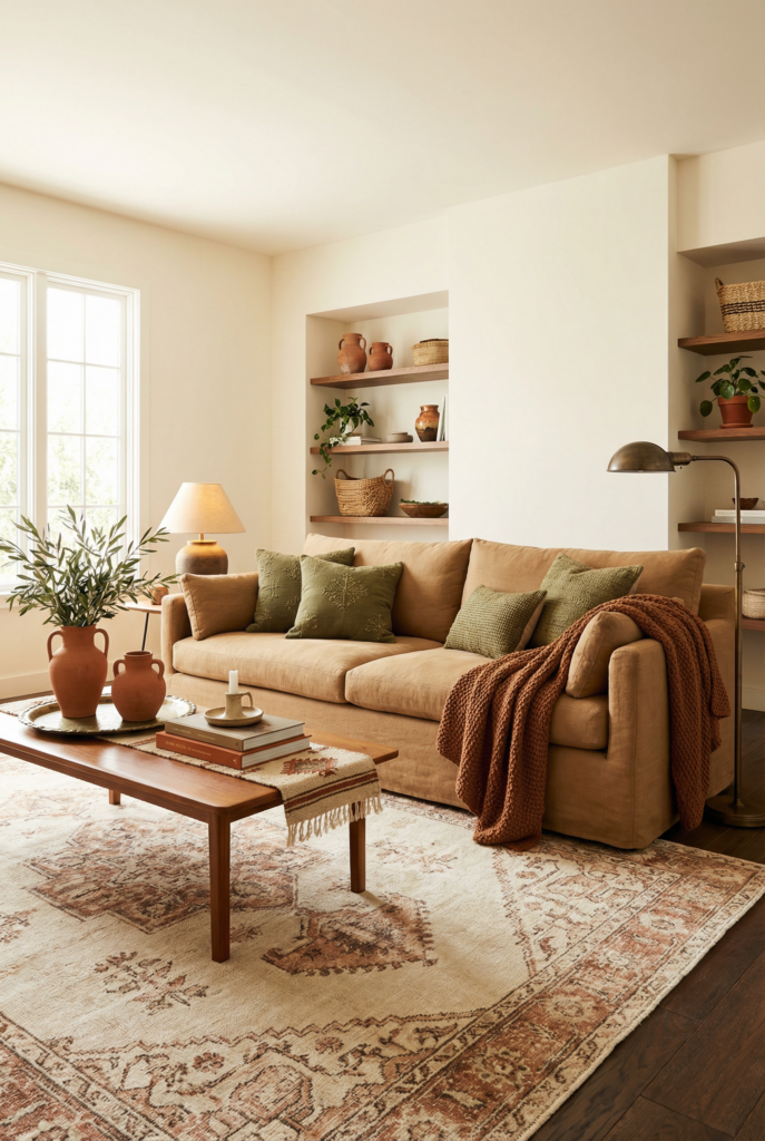 Earthy boho color palette with camel sofa, olive green pillows, terracotta pottery, warm wood furniture, and cozy boho decor textures.