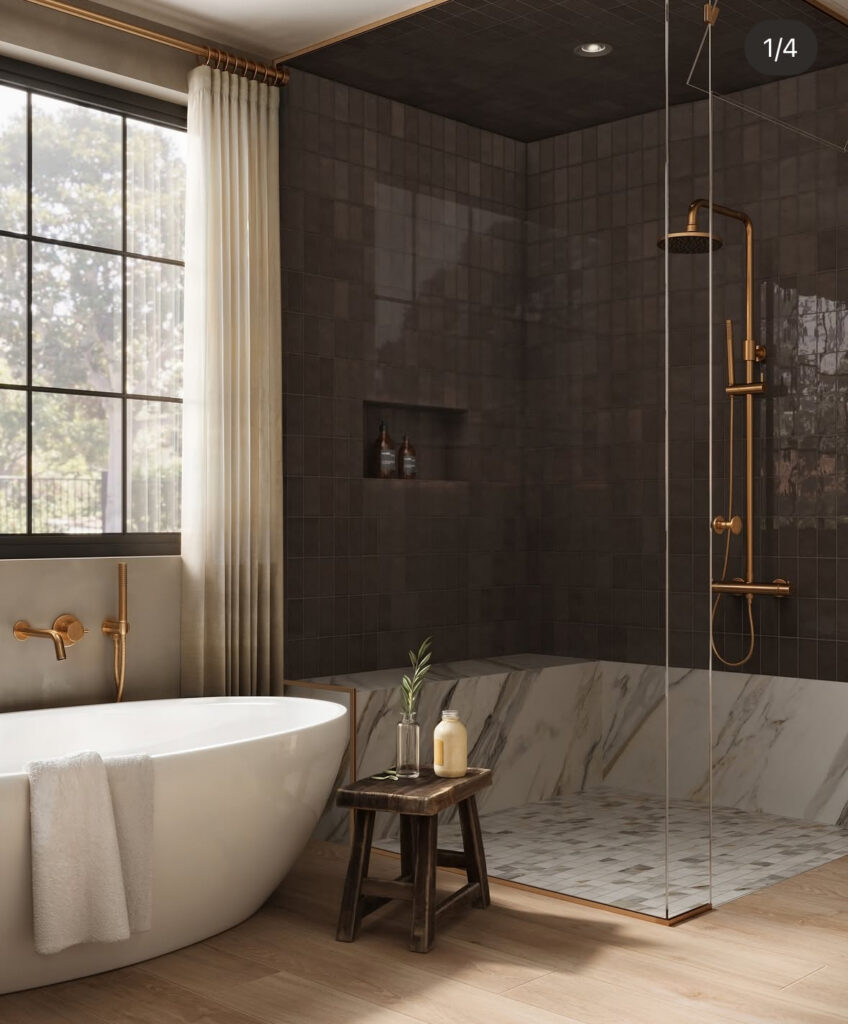 Earthy tones bathroom with dark hues in espresso tile, a marble accent, and warm wood-look flooring for a modern renovation vibe.