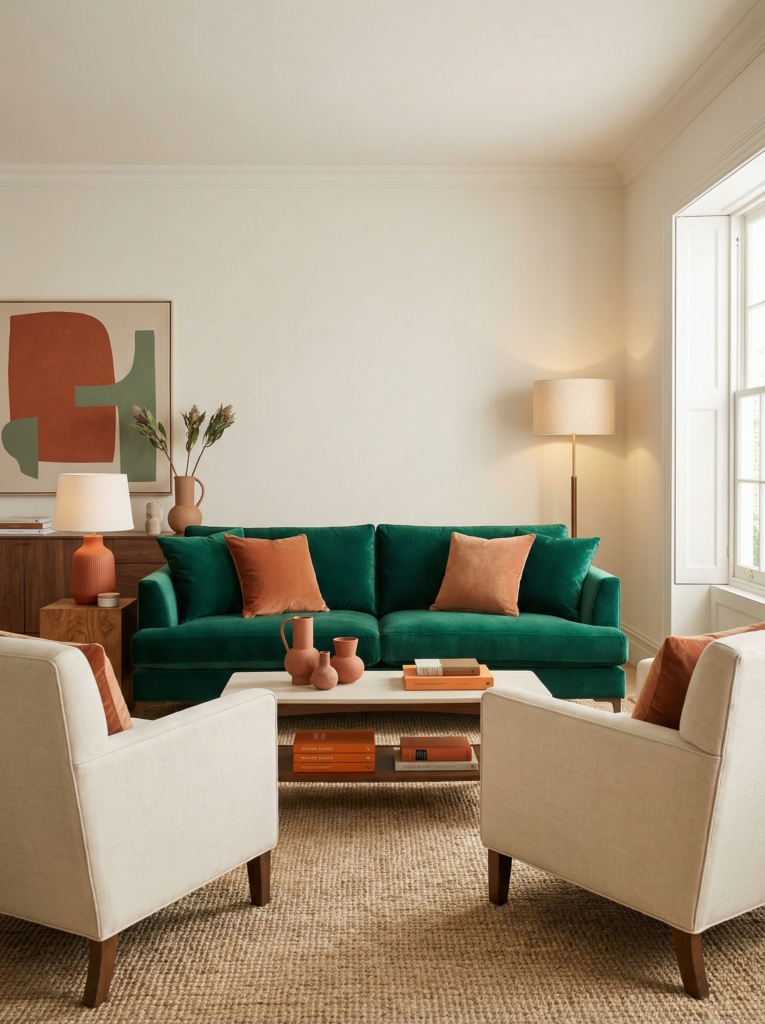 Eclectic maximalist decor color palette featuring a deep green sofa with terracotta pillows, ivory chairs, warm wood furniture, and modern art.