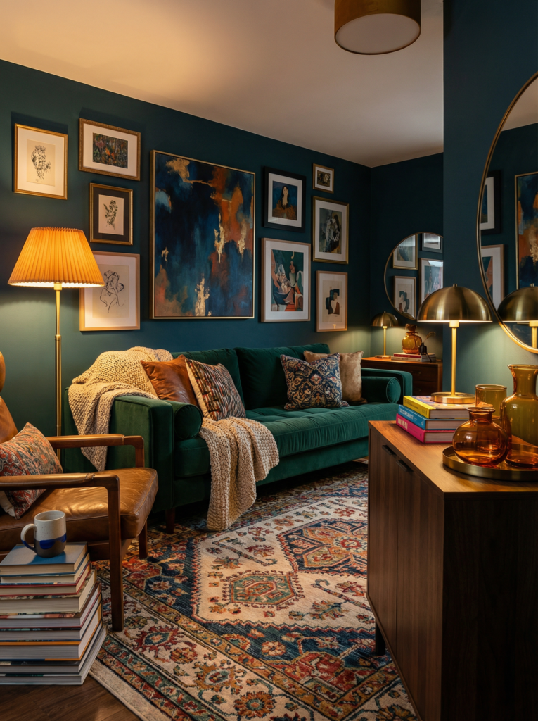 Eclectic maximalist decor with deep teal walls, a green velvet sofa, art gallery wall, brass lighting, leather chair, and a colorful vintage rug with layered patterns.