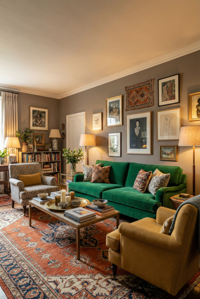 Eclectic maximalist decor with layered patterns, a green velvet sofa, art gallery wall, vintage rug, mustard chair, and cozy lamp lighting.