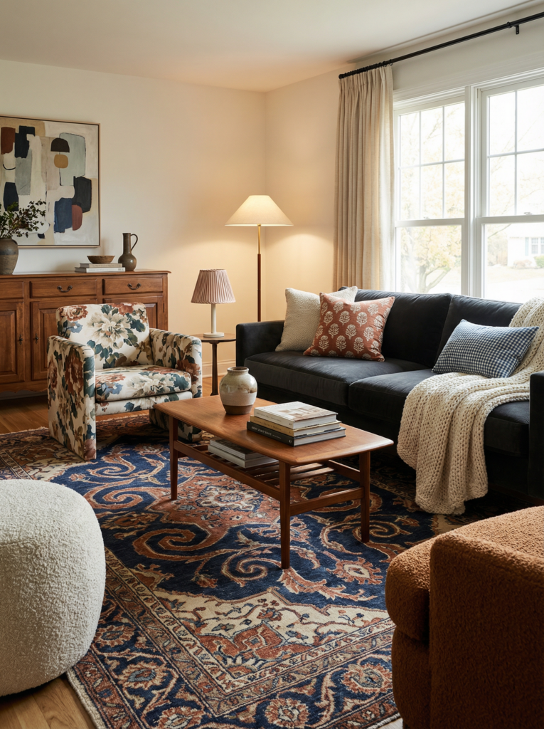 Eclectic maximalist decor living room with a dark sofa, floral accent chair, blue-and-rust vintage rug, cozy textured throw, warm wood pieces, and soft natural light.
