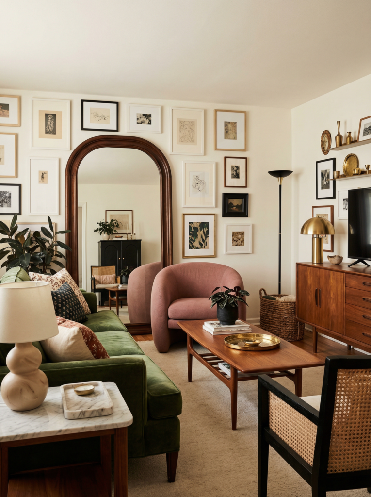 Eclectic maximalist decor living room with a green sofa, blush accent chair, oversized arched mirror, mixed frames gallery wall, warm wood furniture, and brass accents.