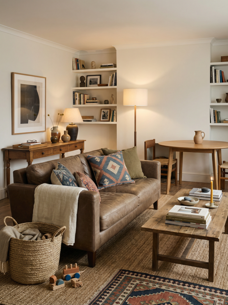 Warm eclectic maximalist decor living room with a brown leather sofa, layered patterned pillows, jute rug, rustic wood coffee table, built-in shelves, and soft lamp lighting.