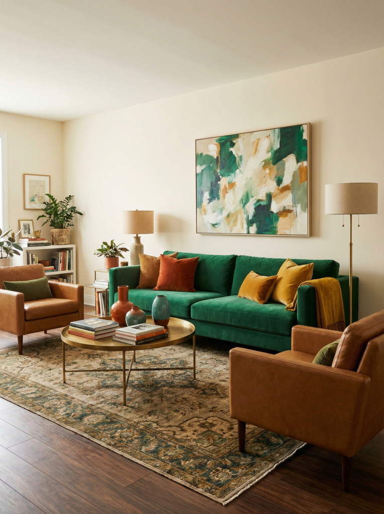 Eclectic maximalist decor living room with an emerald green sofa, caramel leather chairs, brass coffee table, vintage rug, and modern art.