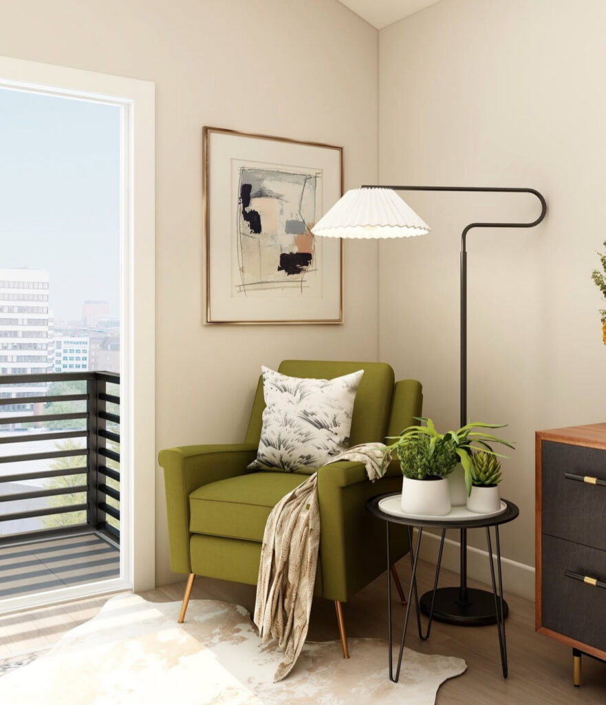 elegant st patricks day corner with an olive green chair, soft neutrals, minimal styling, and a calm modern vibe.