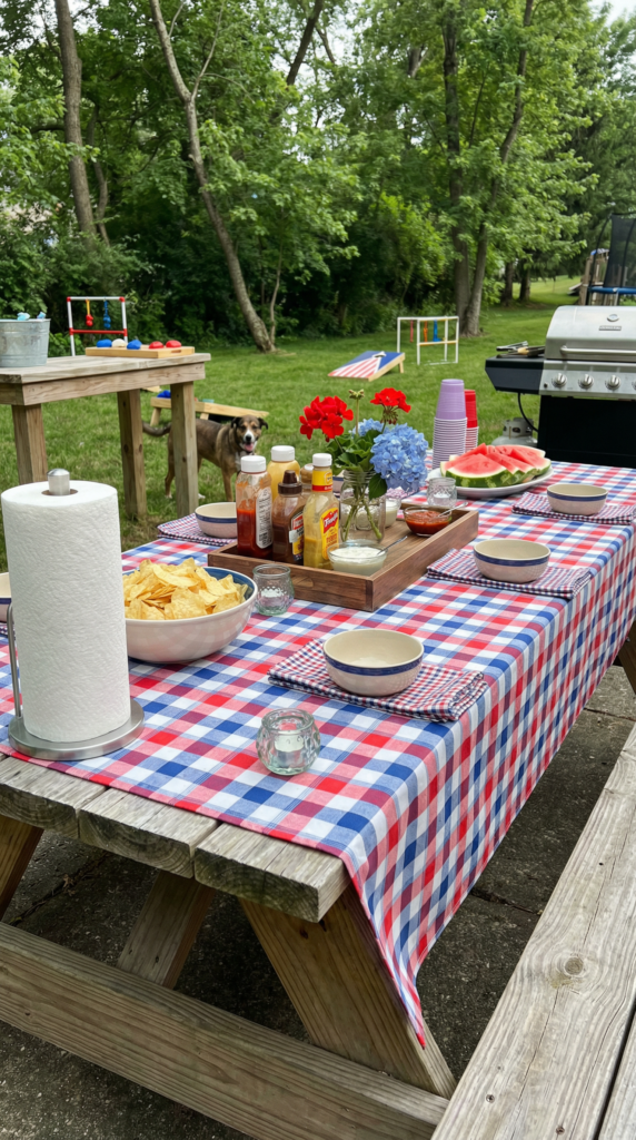 Backyard table decor with red white blue checkered cloth, party supplies, condiments, and festive yard decor set up near the grill.