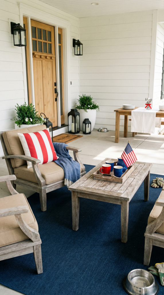 Front door display with patriotic decor, decorative pillows on porch seating, and simple holiday decorations on a coffee table.