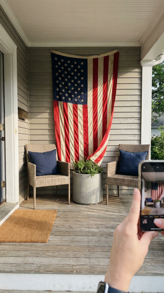 Front porch fourth of july outdoor decorations with an american flag banner, decorative pillows on wicker chairs, and patriotic decor by the entry.