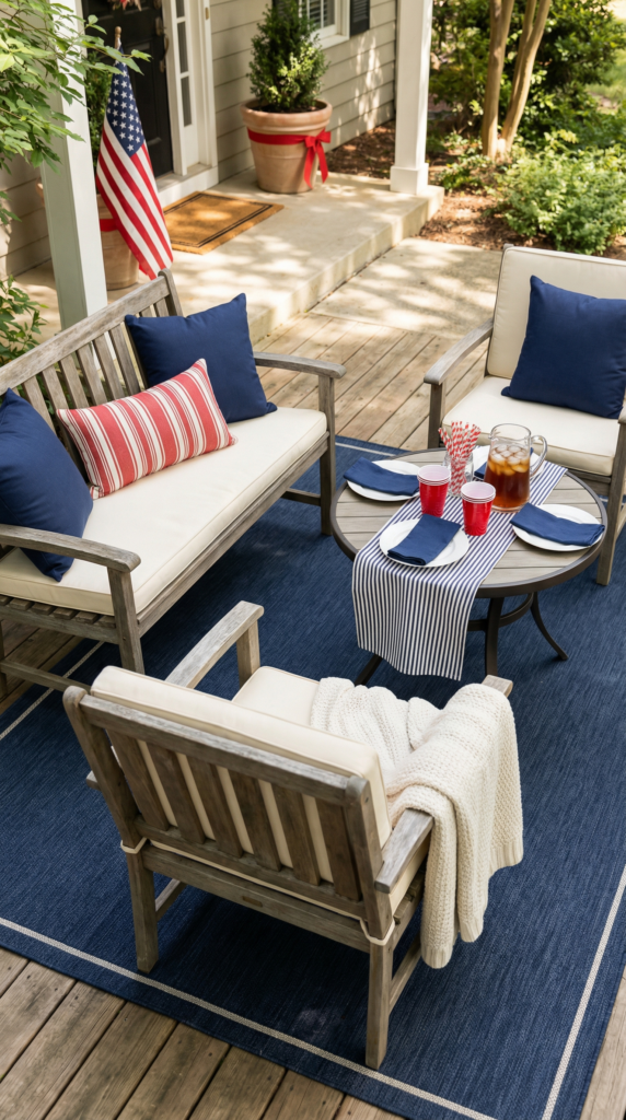 Patriotic decor patio seating with decorative pillows, red white blue table decor, and an independence day doormat by the front door.