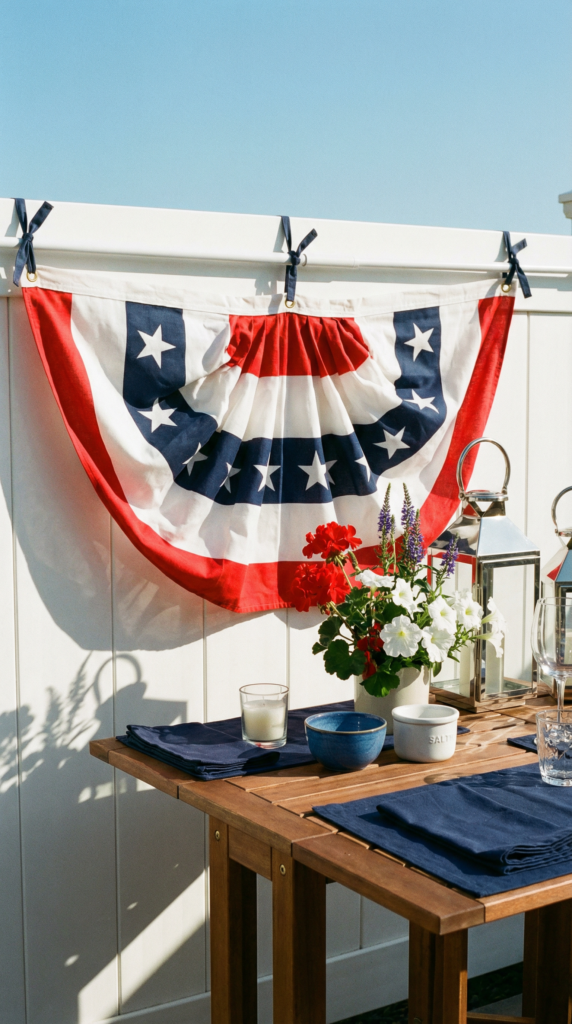 Stars and stripes banners for porch fence with outdoor decorations, simple table decor, lanterns, and bright colors decorations in red white blue flowers.
