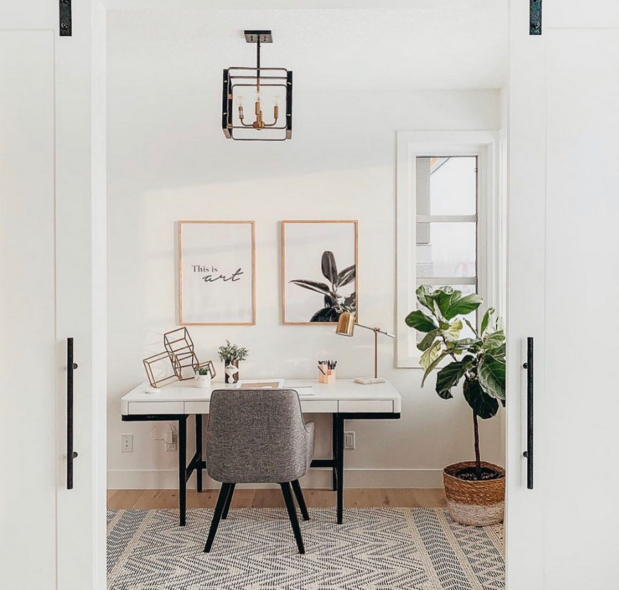 Bright white office with a simple desk, two framed prints on the wall, patterned rug, and a large plant.